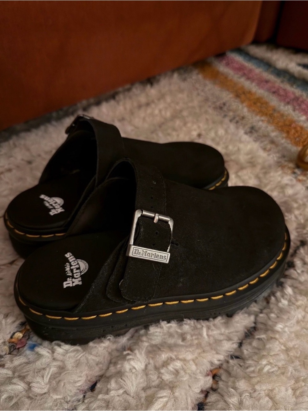 Dr. Martens Black Suede Buckle Clog Slip-On
